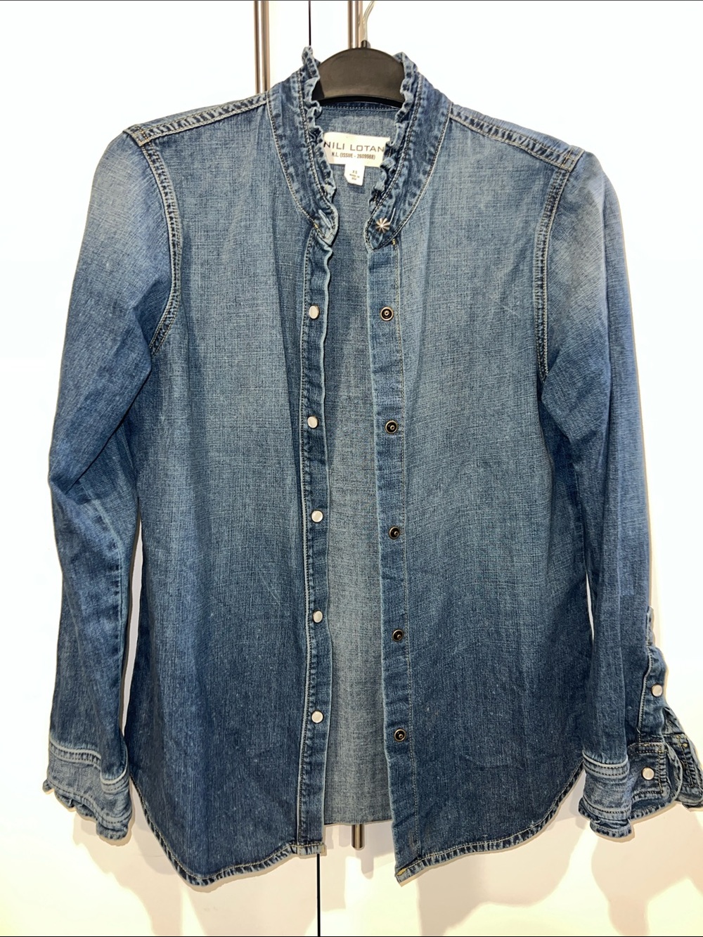 Nili Lotan Light Blue Ruffled Collar Denim Shirt